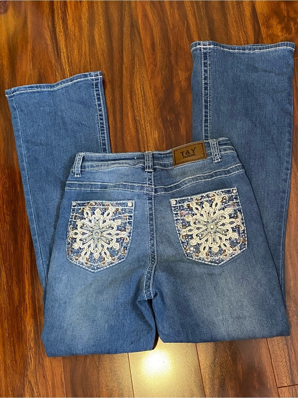 Embellished Blue Bootcut Flared Jeans 7/8